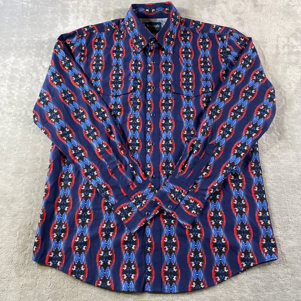 Wrangler Shirt Mens Large‎ Blue Western Aztec Snap Cowboy Festival Casual
